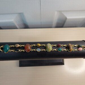 Vintage 2-Row Egyptian Revival Scarab Stone 12K Gold Filled Cabochon Bracelet